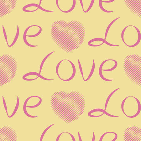 Seamless festive pattern for Valentine s Day with the image of hearts and the inscription love. Valentine s Day template for printing and gift wrapping. Vectorのイラスト素材