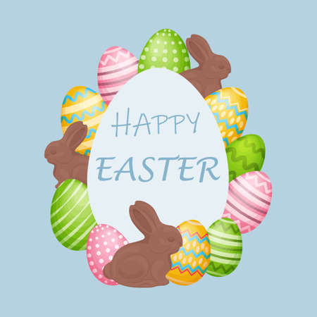 Happy Easter. Greeting card with an image of an Easter bunny and colored Easter eggs on a blue background. vector illustration.のイラスト素材