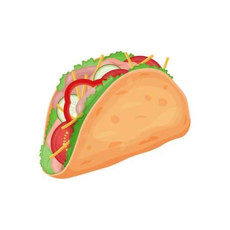 Tacos. Mouth-watering taco dish of Mexican cuisine. Tacos with meat and vegetables. Vector illustration isolated on a white backgroundのイラスト素材