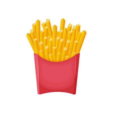 French fries. Fried potatoes in a red package. Fried vegetables, vector illustration isolated on a...