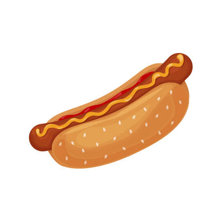 Hot dog. Image of a hot dog with sausage with ketchup and sprinkled with mustard. Fast food. Vector illustration isolated on a white backgroundのイラスト素材
