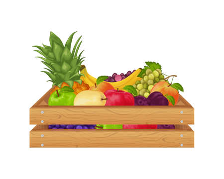 Fruit. A wooden box with fruits such as pineapple, banana, pears, apples and also plums, peaches, grapes. Fruit in the drawer. vegetarian products. Vector illustrationのイラスト素材