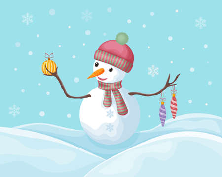 The snowman. Winter illustration depicting a cute snowman with Christmas tree toys. A cheerful snowman in a hat and scarf. Christmas illustration vector.のイラスト素材