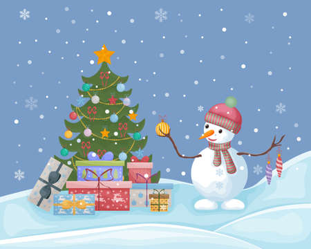 A snowman near the Christmas tree. Cute Christmas illustration with the image of a snowman standing near the Christmas tree with gifts and holding Christmas toys in his hands. vector illustration.のイラスト素材