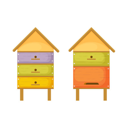 Hive. Bee hives. Two wooden beehives in the form of houses. Colorful beehives in cartoon style. Honeybee houses. Vector illustration isolated on a white backgroundのイラスト素材