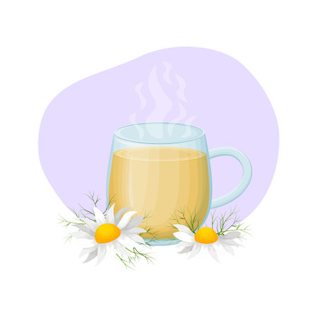 A cup of tea. Transparent cup with a hot drink. Medicinal decoction of chamomile. Tea cup with chamomile flowers. vector illustration.のイラスト素材