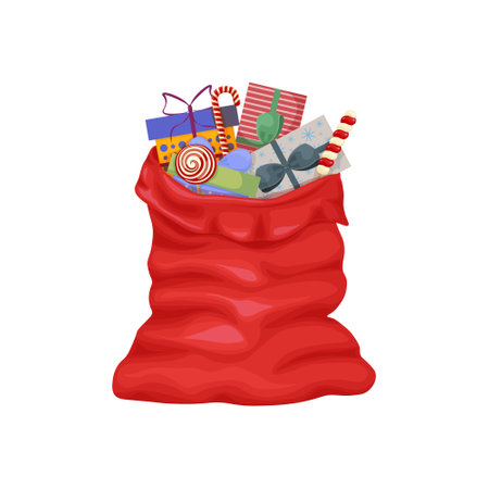 A bag of gifts. Red Santa Claus bag with gift boxes. Christmas illustration with a Santa Claus bag. Vector illustration isolated on a white backgroundのイラスト素材