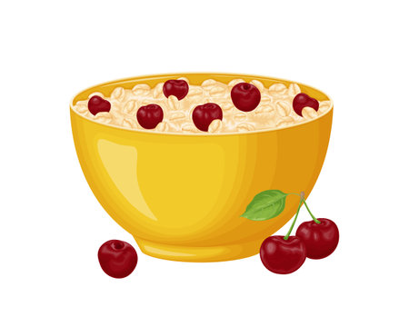 Oatmeal. A cup of cherry oatmeal. A healthy breakfast of oatmeal with berries. Dietary vegetarian breakfast.Yellow cup with porridge. Vector illustration isolated on a white backgroundのイラスト素材
