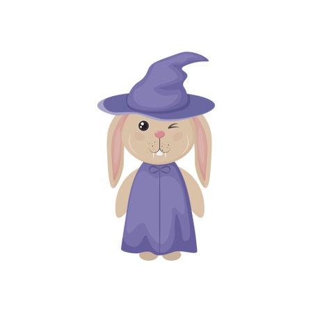 A rabbit in a witch s hat. Cute rabbit in a witch hat and cloak. A hare in a Halloween costume and with fangs. Vector illustration isolated on a white backgroundのイラスト素材