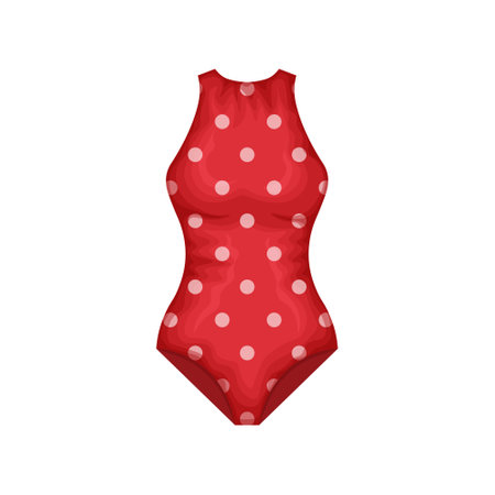 Swimsuit. Women s closed swimsuit in red with white polka dots. Bathing suit for a beach holiday. Summer clothes. Vector illustration isolated on a white backgroundのイラスト素材