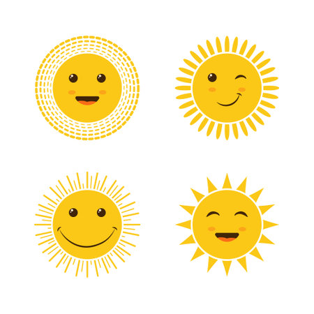 The sun. A set of smiling yellow suns. Icon. Joy, happiness, fun. Cartoon children s vector image isolated on a white background.のイラスト素材