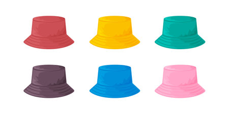 Panama hat. A collection of fashionable hats in different colors. Beach fashion. Vector illustration isolated on a white background. Protection from the sunのイラスト素材