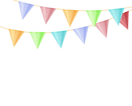 Flags for the holiday. Colorful bright holiday flags for a party, birthday. Interior decoration for a holiday. Vector illustration. isolated on a white background.のイラスト素材