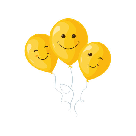 Balloons. Bright yellow balloons with happy emotions. Balloons emoticons. Vector illustration isolated on a white backgroundのイラスト素材