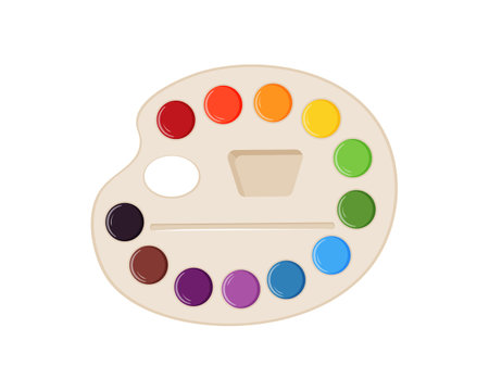 Watercolor paints .Colored paints for drawing. Colorful school paints and brushes in a box. Vector illustration isolated on a white backgroundのイラスト素材