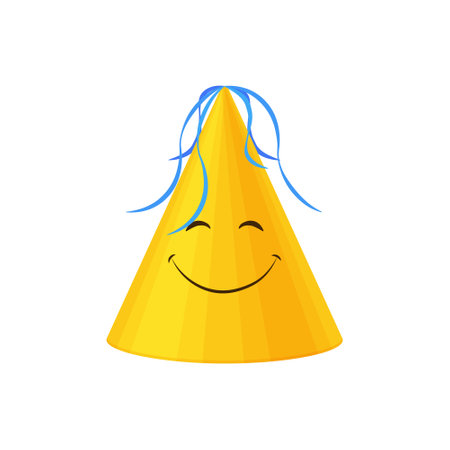 A festive hat. The hat for the holiday is yellow with a cute smile. A festive accessory. Birthday, party, holiday. Vector illustration in cartoon style, highlighted on a white backgroundのイラスト素材