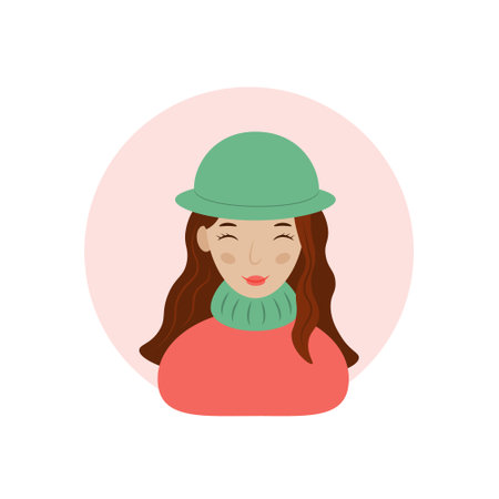 Girl. Cute girl with brown hair, wearing a green hat. Avatar of a woman in cartoon style. Vector...