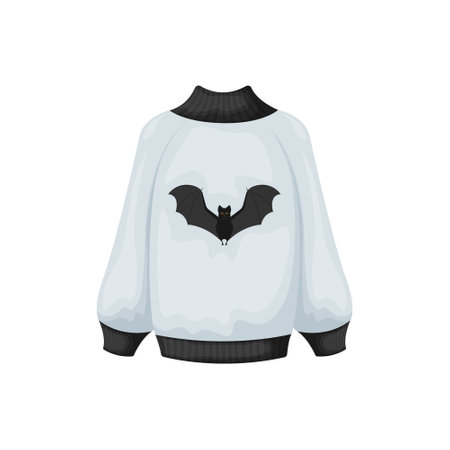 Sweater. The jacket is gray with the image of a bat. A pullover for Halloween. Gray sweatshirt with a bat. Vector illustration isolated on a white backgroundのイラスト素材