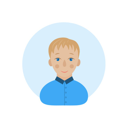 A boy with blond hair. A blue-eyed boy in a blue shirt. The avatar of the child. Smiling guy in cartoon style. Vector illustrationのイラスト素材