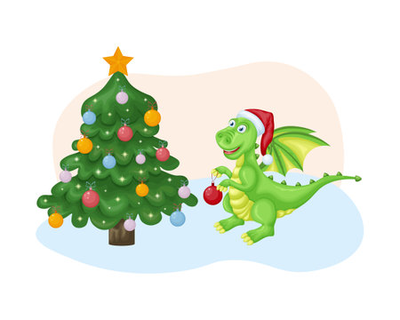 Dragon near the Christmas tree. Cute Christmas illustration depicting a dragon with a Christmas tree toy near the Christmas tree. A symbol of the new year. Vectorのイラスト素材