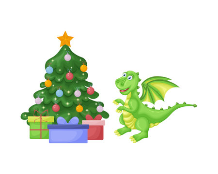 New Year s card with a dragon near the Christmas tree. A Christmas card with a cute dragon standing near the Christmas tree with gifts. Festive illustration with the symbol of the new year. Vector.のイラスト素材