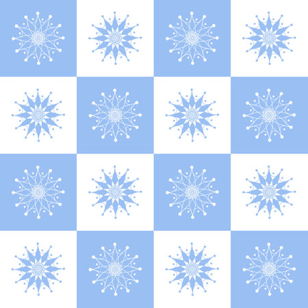 Snowflakes in diamonds pattern. Seamless pattern with the image of snowflakes arranged in geometric shapes. Winter Christmas snow pattern on a blue background. Vectorのイラスト素材