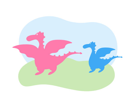 Dragons. A cute children s illustration of pink and blue dragons. Two cartoon-style dragons on a green lawn. Vector illustrationのイラスト素材