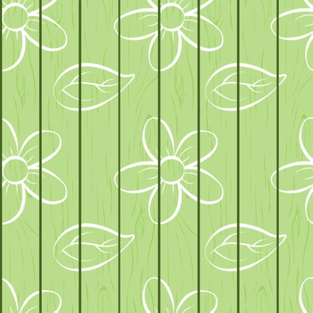 Flowers on the board pattern. Seamless pattern with the image of flowers and leaves hand-painted on the fence. Sketch on a green background. Floral pattern. Vector illustrationのイラスト素材