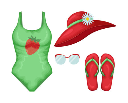 Beach accessories. A set of beach items such as a swimsuit, flip-flops, sunglasses and a beach hat. Clothes for a beach holiday. Vector illustration.のイラスト素材