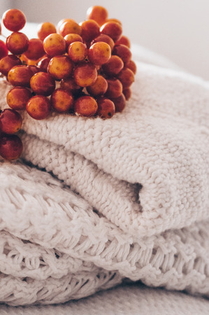 Stack of cozy knitted sweaters on warm background and with viburnum and herbarium. Autumn-winter concept.の写真素材