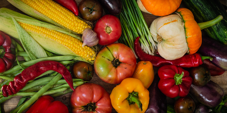 Harvest, Autumn. Panoramic collection of fresh healthy fruits and vegetables. Healthy eating background. vegetables on vintage rustic wooden background. Vegetables backgroundの写真素材