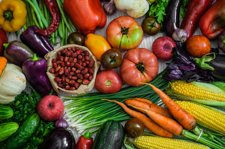 Harvest, Autumn. Panoramic collection of fresh healthy fruits and vegetables. Healthy eating background. vegetables on vintage rustic wooden background. Vegetables backgroundの写真素材