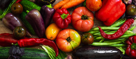 Harvest, Autumn. Panoramic collection of fresh healthy fruits and vegetables. Healthy eating background. vegetables on vintage rustic wooden background. Vegetables backgroundの写真素材