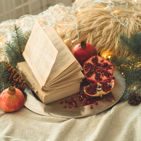 Cozy winter morning at home. Book and Pomegranate in a winter composition, Christmas trees, cones. Warm pillows and garlands on the background. Symbol of New Year and Christmas. Reading timeの写真素材
