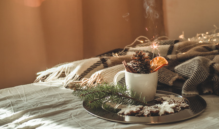 cup with cones and dry orange with sparkler, fir branch, Christmas cookies, cozy knitted blanket. Winter, New Year, Christmas still life.の写真素材