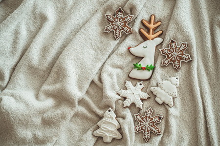 Tasty Christmas cookies on white plaid.の写真素材