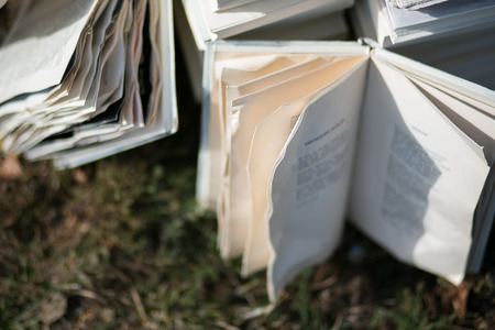 Vintage old books on blurred background, place for text.の写真素材