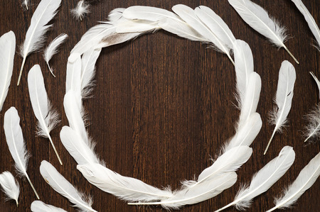 Happy Easter card. A many of white feathers on a wooden background with copy space for text. Happy Easter.の写真素材