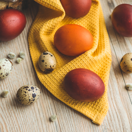 Easter eggs on wooden background. Happy Easter concept background