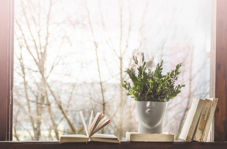Opened books on vintage windowsill with a beautiful flower vase. Background from books. Books Openedの写真素材