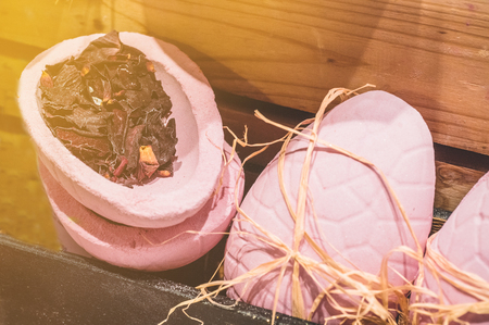 Shop cosmetic handmade bombs and bubble bath different colors. The concept of Spa and relaxationの写真素材