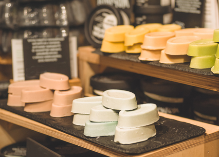 Shop cosmetic handmade soap. Fresh makeup samples. The concept of spa and relaxation.の写真素材