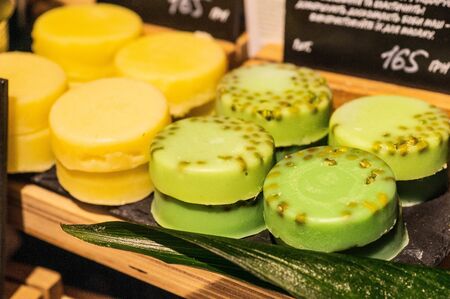 Shop cosmetic handmade soap. Fresh makeup samples. The concept of spa and relaxation.の写真素材