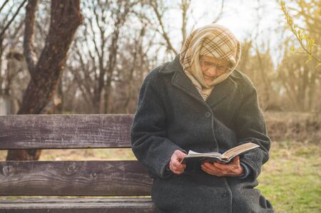 Grandmother reads the holy scripture bible. Thinking of God. Power of religion, worship, belief. Warm toneの写真素材