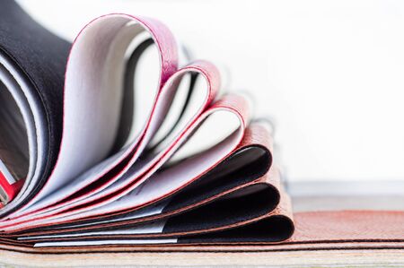Catalog of multicolored imitation leather from matting fabric texture background, leatherette fabric...