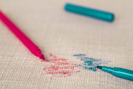 Drawn fabric on the couch with colored pencils. Furniture fabric. Cleaning concept.の写真素材