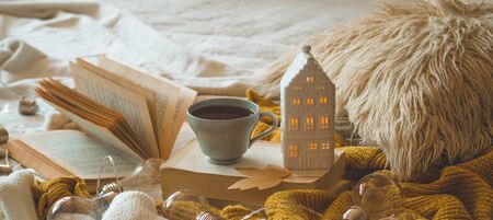 Still life details in home interior of living room. Sweaters and cup of tea with a candle house and...