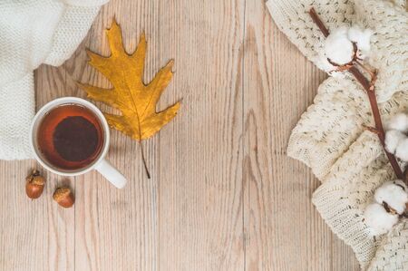 Background with warm sweaters and cup tea. Cozy still life in warm shades, space for text, Autumn winter concept. Copy Space.の写真素材