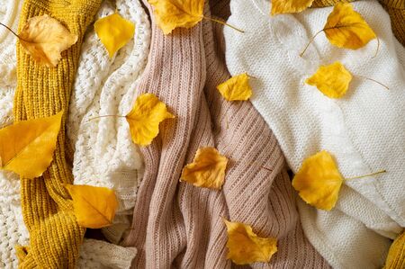 Pile of knitted clothes with autumn leaves, warm background, knitwear, space for text, Autumn winter concept. Copy Space.の写真素材