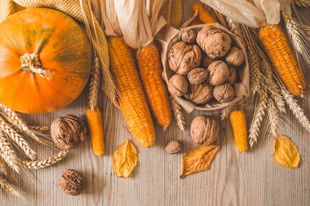 Harvest, Autumn. Still life with Thanksgiving concept. Panoramic collection of fresh healthy fruits and vegetables. Healthy eating background. Vegetables on vintage rustic wooden background.の写真素材